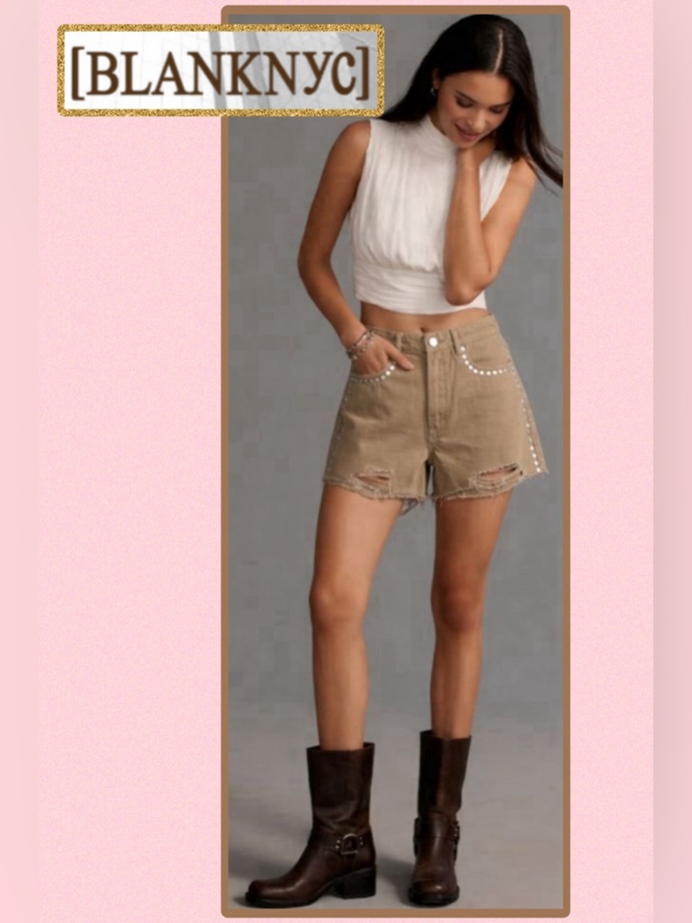 NWT Blank NYC The Reeve Overdyed Denim High Rise Ribcage Studded Shorts Brown 29